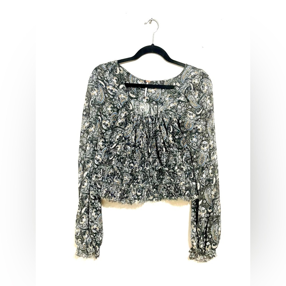FREE PEOPLE LOLITA PEASANT BLOUSE BOHO CROP TOP PAISLEY FRAYED‎ TRIM SIZE L - Picture 4 of 10